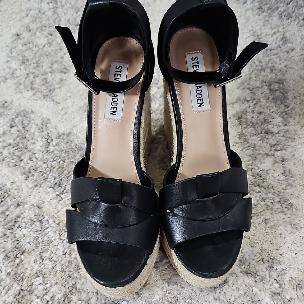Steve Madden "Sivian" Espadrille Wedges with Ankle Strap, Size 7.5, Black - Picture 3 of 9